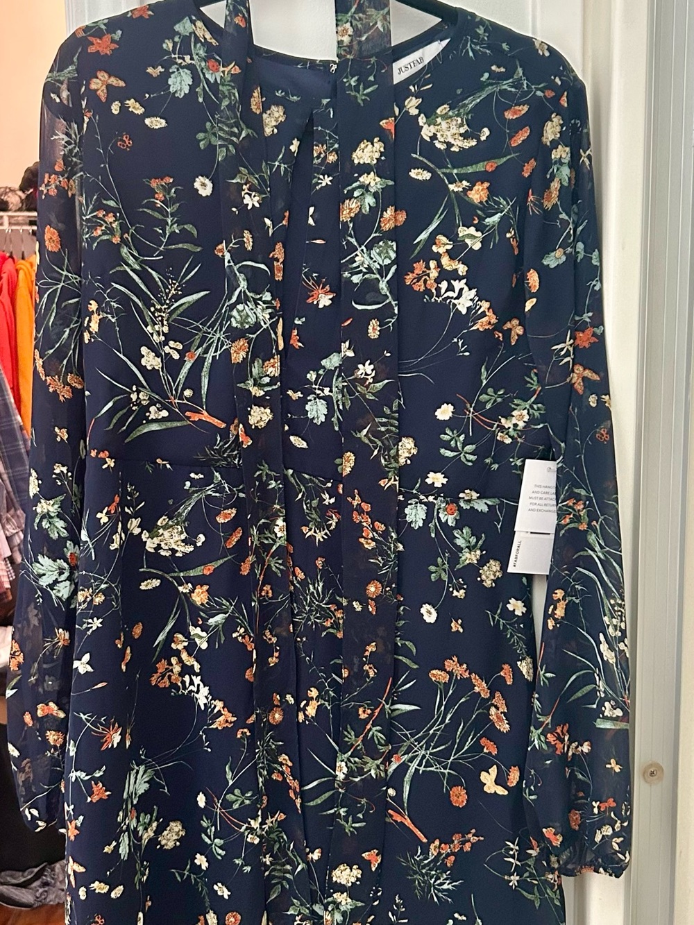 JustFab Navy Floral Long-Sleeve Tie-Neck Midi Dress with Green & Orange Accents